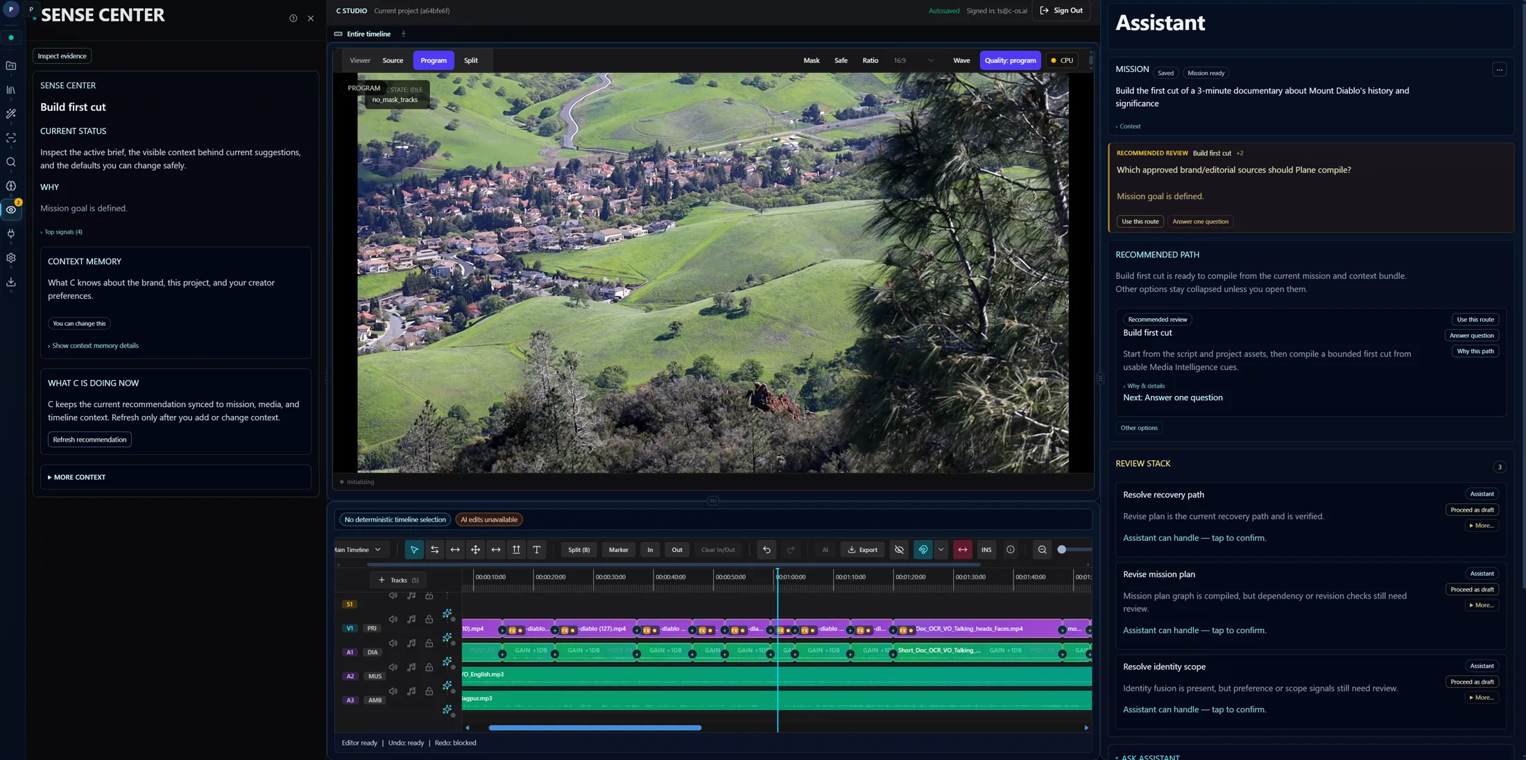 CStudio Sense Center showing mission context, context memory, and recommendation status