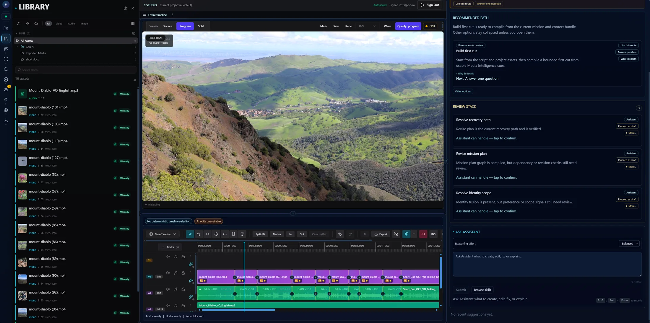 CStudio timeline with recommended path, review stack, assistant, and proof controls